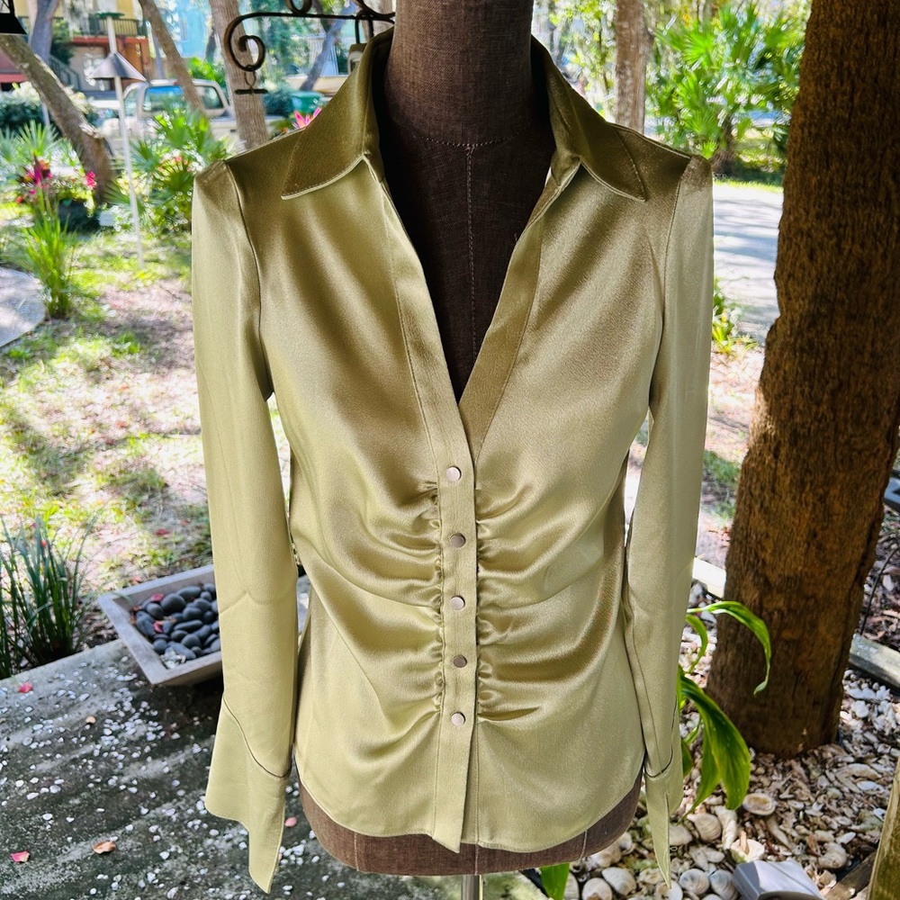 Topshop ruched silk like blouse is a beautiful lime green.